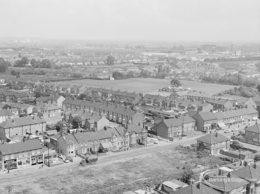 View from top of Thaxted House, Siviter Way, Dagenham, showing Exeter Road and Church Street in foreground, and fields beyond, 1967
