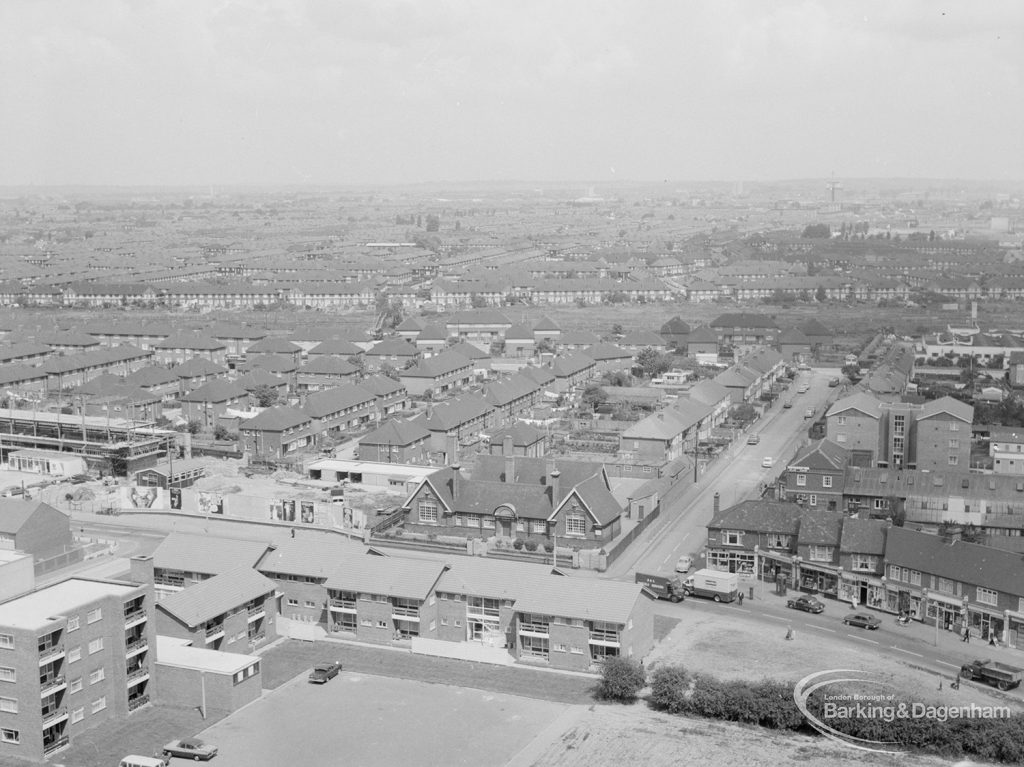 View from top of Thaxted House, Siviter Way, Dagenham, showing Grays Court dwellings for elderly people and Dagenham Village School (centre), 1967