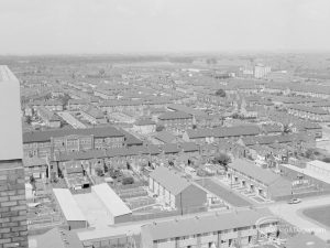 View from top of Thaxted House, Siviter Way, Dagenham, looking east to Vicarage Road (Village School on left) and Rectory Road, 1967