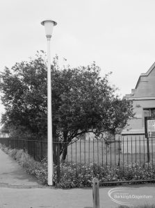 Lighting, showing locally designed lamp-post with tapered lantern at junction of Urswick Road and Vincent Road, Dagenham, in front of tree, 1967