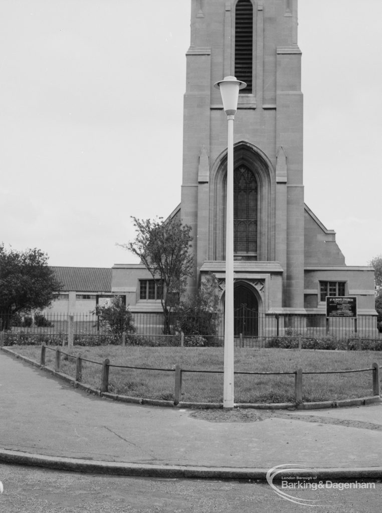 Lighting, showing locally designed lamp-post in front of Saint Alban’s Church tower, at junction of Urswick Road and Vincent Road, Dagenham, 1967