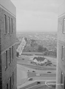 Housing, showing view from Highview House, Hatch Grove, Chadwell Heath looking due south, with Whalebone Lane North and Eastern Avenue and with Moby Dick Public House in centre, 1967