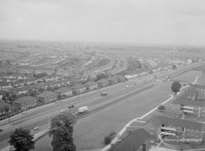Housing, showing view from Highview House, Hatch Grove, Chadwell Heath looking south-west to north Chadwell Heath, with Eastern Avenue bisecting, 1967