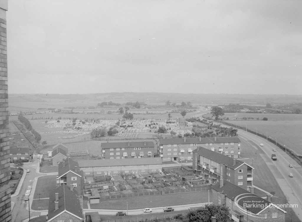 Housing, showing view from Highview House, Hatch Grove, Chadwell Heath of Marks Gate, with Rose Lane and Whalebone Lane North, and with Marks Gate Cemetery, Hog Hill and Hainault Forest above, 1967