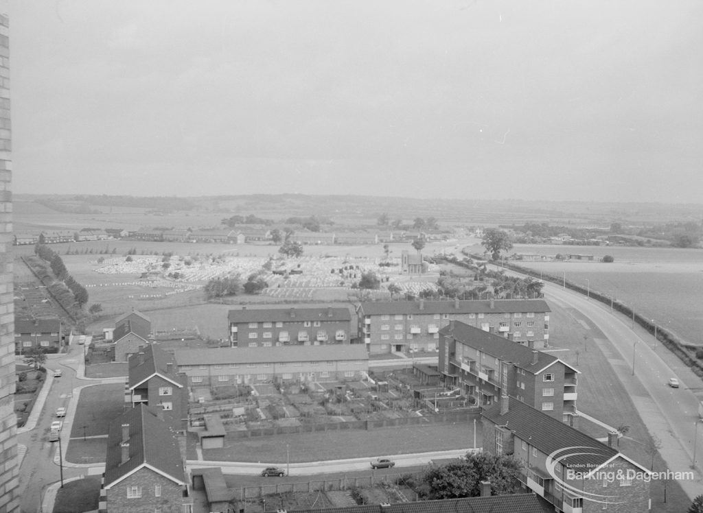 Housing, showing view from Highview House, Hatch Grove, Chadwell Heath of Marks Gate, with Rose Lane and Whalebone Lane North, and with Marks Gate Cemetery, Hog Hill and Hainault Forest above, 1967