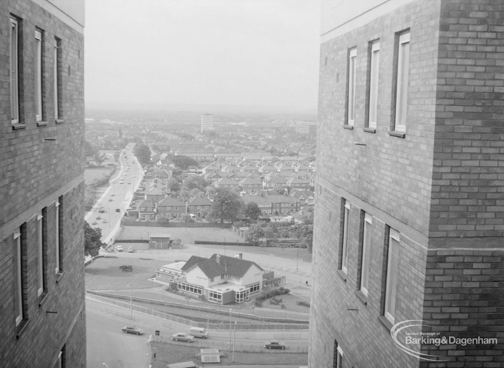 Housing, showing view from Highview House, Hatch Grove, Chadwell Heath looking due south, with Whalebone Lane North and Eastern Avenue and with Moby Dick Public House in centre, 1967