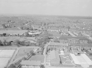 Housing, showing view from Thaxted House, Siviter Way, Dagenham looking west to Rectory Library and Old Dagenham Park (on left) and Dagenham Priory School (on right), 1967
