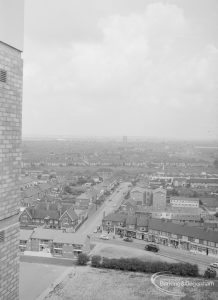 Housing, showing view from Thaxted House, Siviter Way, Dagenham looking north up Charlotte Road, with Village School at left, 1967