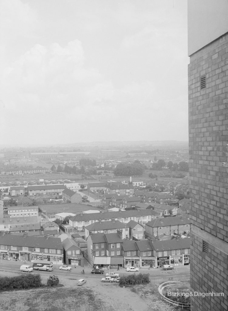 Housing, showing view from Thaxted House, Siviter Way, Dagenham looking north-north-east over Church Elm Lane to Pondfield Park, 1967