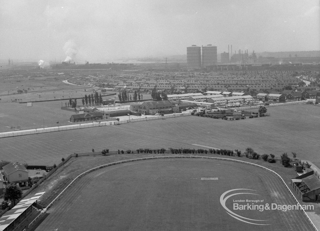 Housing, showing view from Thaxted House, Siviter Way, Dagenham of Old Dagenham Park, with Sports Stadium in foreground, 1967