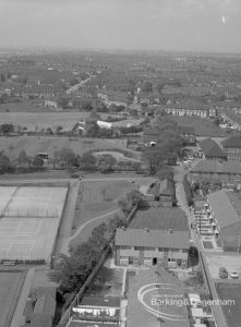 Housing, showing view from Thaxted House, Siviter Way, Dagenham of tree-lined footpath between Siviter Way and Vicarage Road, 1967