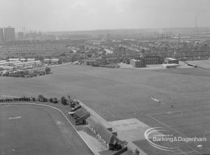 Housing, showing view from Thaxted House, Siviter Way, Dagenham of Old Dagenham Park and south-west corner of Sports Stadium, also showing Dagenham Priory School [formerly Marley School] in top right, 1967