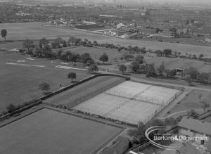 Housing, showing view from Thaxted House, Siviter Way, Dagenham of Old Dagenham Park with tennis courts, and old people’s garden, 1967