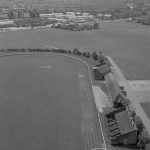 Housing, showing view from Thaxted House, Siviter Way, Dagenham of Old Dagenham Park, with west side of Sports Stadium and ‘offices’, 1967