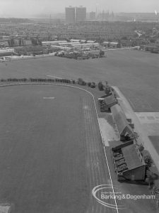 Housing, showing view from Thaxted House, Siviter Way, Dagenham of Old Dagenham Park, with west side of Sports Stadium and ‘offices’, 1967