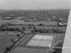 Housing, showing view from Thaxted House, Siviter Way, Dagenham of Old Dagenham Park, with tennis courts and Rectory Library to right, 1967