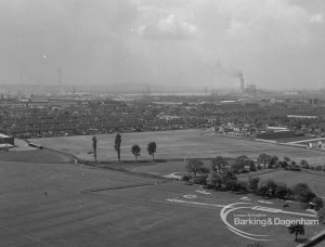 Housing, showing view from Thaxted House, Siviter Way, Dagenham of Old Dagenham Park, with trees and children’s playground and sandpits to right, 1967