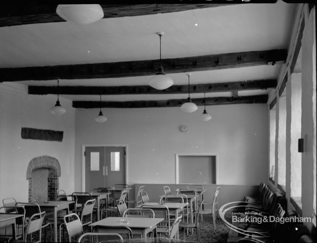 Eastbury House, Barking after restoration, showing room with old and new features including beams and old doorway, 1967