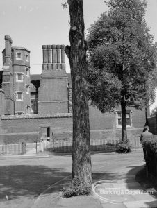 Eastbury House, Barking after restoration, showing bole of tree against brickwork, tower and chimneys, 1967