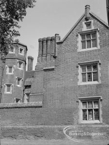 Eastbury House, Barking after restoration, showing the rugged brick south exterior of building, 1967