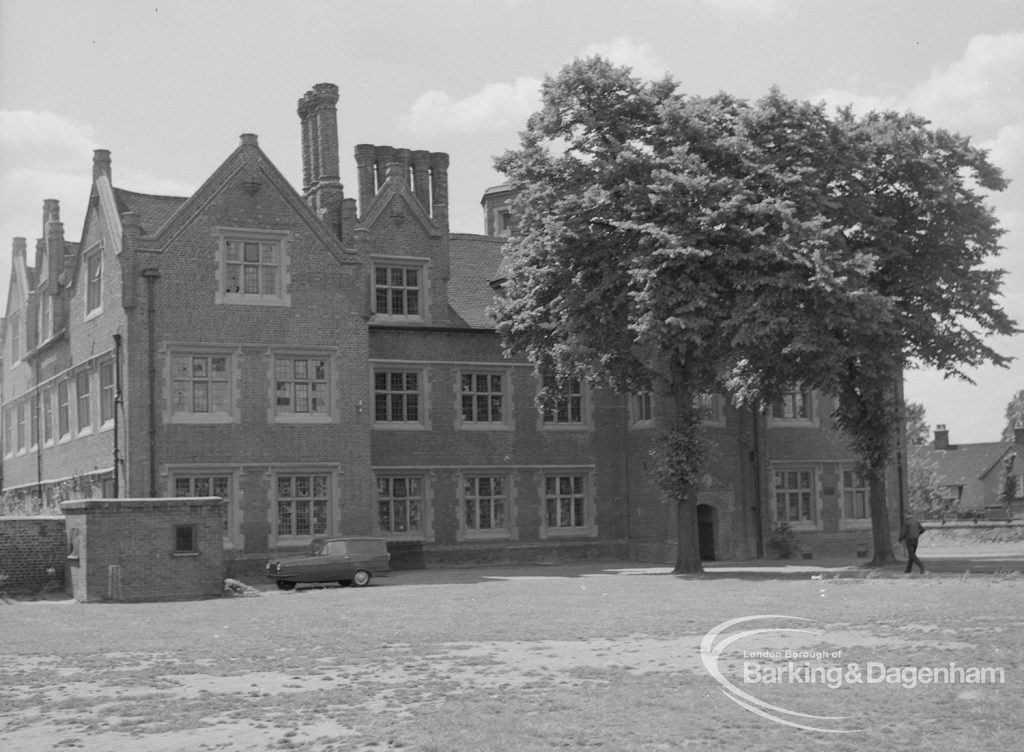 Eastbury House, Barking after restoration, showing the north exterior with trees in shadow, 1967