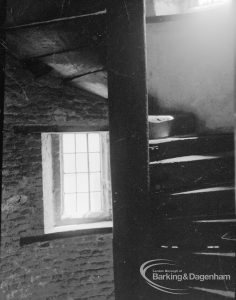 Eastbury House, Barking after restoration, showing an interior staircase and window, 1967