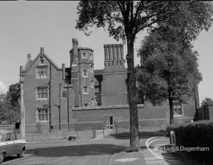 Eastbury House, Barking after restoration, showing the south exterior with contrasting features and trees, 1967