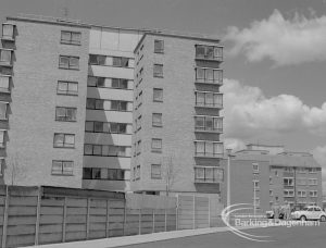 Housing development at John Burns Drive, showing view of seven-storey flats, 1967