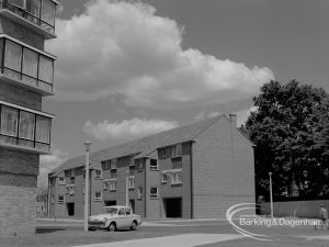 Housing development at John Burns Drive, showing balconies of flats, houses, and tree, 1967