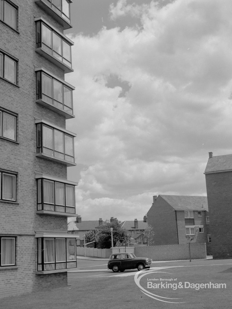 Housing development at John Burns Drive, showing a pattern of corner windows on flats, 1967
