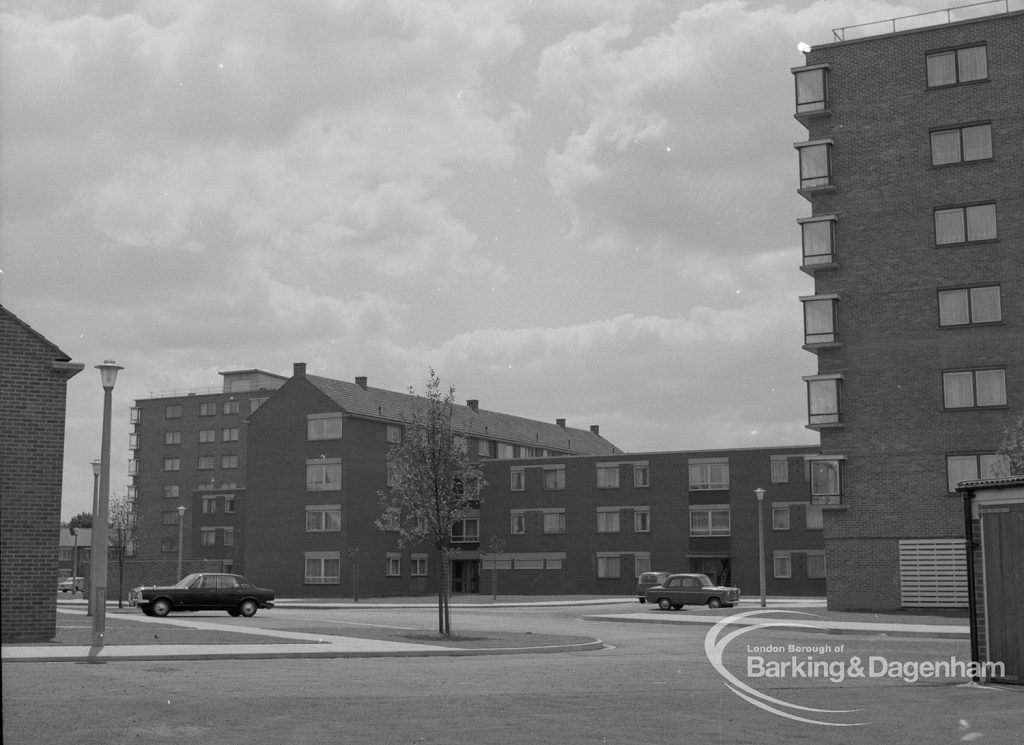 Housing development at John Burns Drive, showing view of linked and varied housing styles, 1967