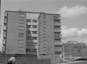 Housing development at John Burns Drive, showing view of seven-storey flats, 1967
