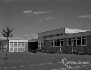 Faircross Special School, Barking, showing rectangular school buildings with tree on left, 1967