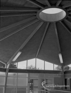 Faircross Special School, Barking, showing ‘spider roof’ and glazed wall in swimming pool, with circular opening, 1967