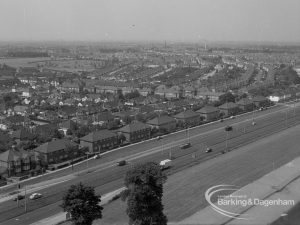 View from roof of Highview House, Hatch Grove, Chadwell Heath looking southwest across Eastern Avenue and across East Road, 1967