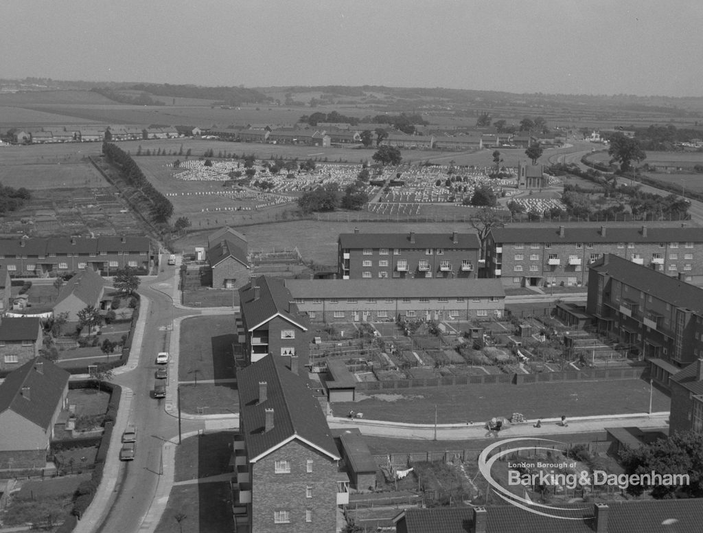 View from roof of Highview House, Hatch Grove, Chadwell Heath looking north across Bagleys Spring and Rams Grove to Marks Gate Cemetery, 1967