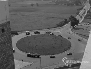 View from roof of Highview House, Hatch Grove, Chadwell Heath looking downwards and south on tree-planted roundabout [destroyed in 1976], 1967