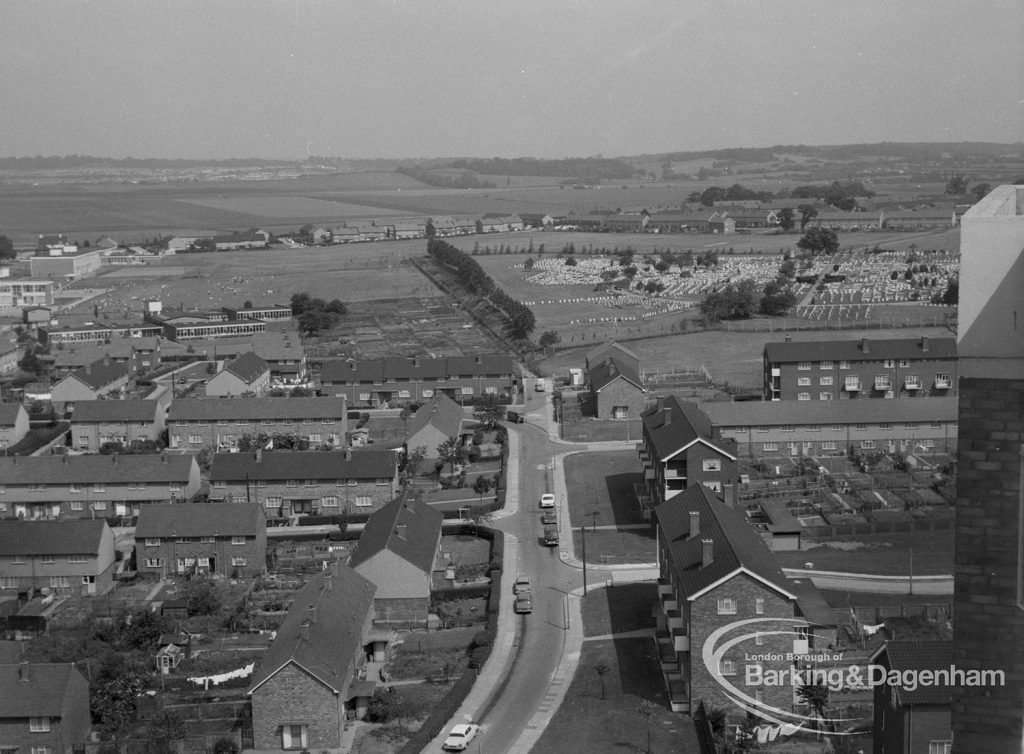 View from roof of Highview House, Hatch Grove, Chadwell Heath looking north beyond Marks Gate Cemetery to Hog Hill, with Thatches Grove in foreground, 1967