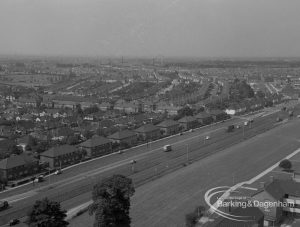 View from roof of Highview House, Hatch Grove, Chadwell Heath of Eastern Avenue, roadway beyond East Road, 1967