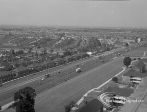 View from roof of Highview House, Hatch Grove, Chadwell Heath of housing both sides of Eastern Avenue, looking west-south-west, 1967