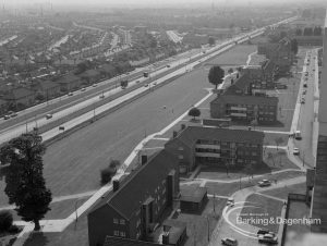 View from roof of Highview House, Hatch Grove, Chadwell Heath of the broad verge in Eastern Avenue and Marks Gate blocks of flats, 1967