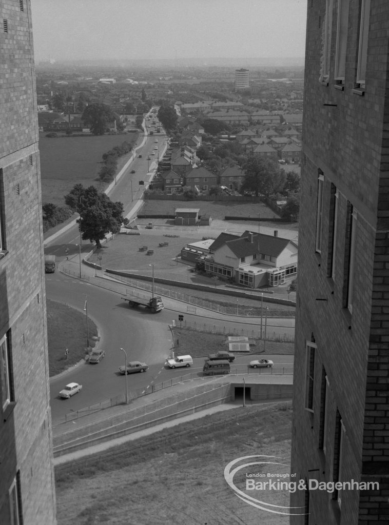 View from roof of Highview House, Hatch Grove, Chadwell Heath southward along Whalebone Lane North to High Road, 1967