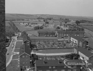 View from roof of Highview House, Hatch Grove, Chadwell Heath looking north, of housing styles between Whalebone Lane North and Thatches Grove, 1967