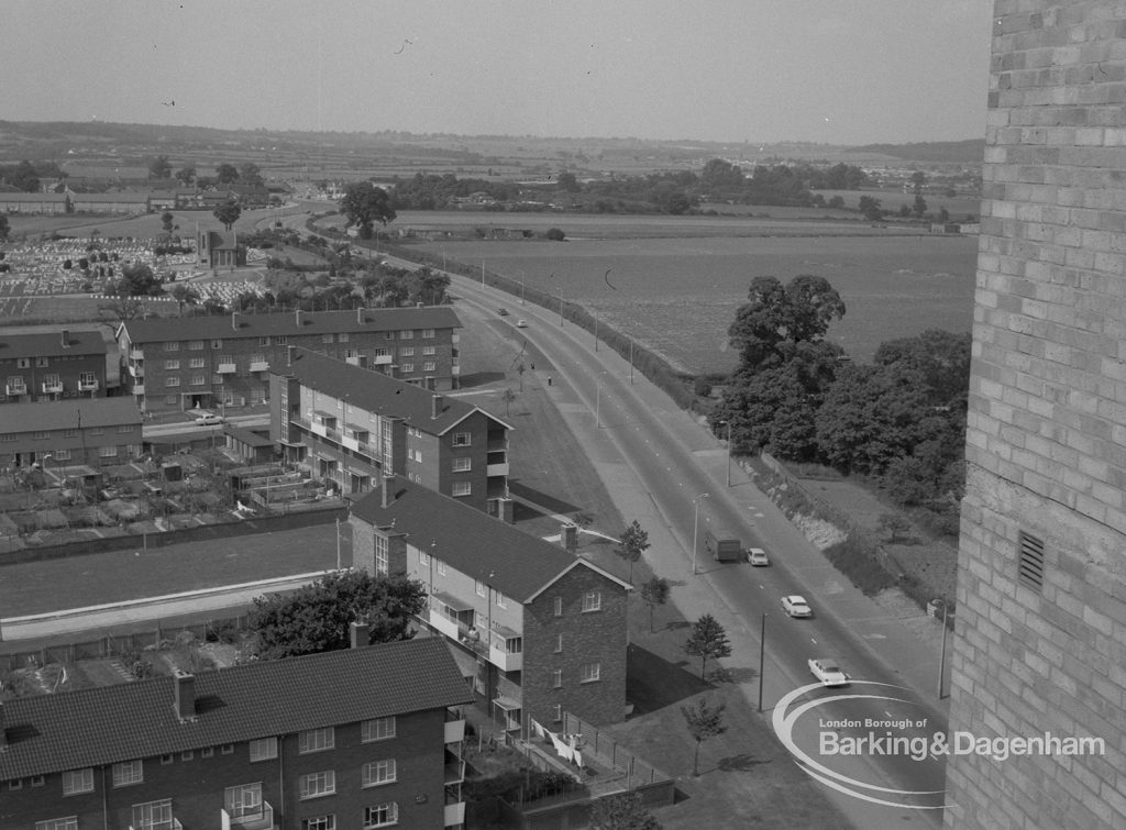 View from roof of Highview House, Hatch Grove, Chadwell Heath looking north-east, of angled blocks adjoining Whalebone Lane North, 1967