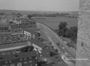 View from roof of Highview House, Hatch Grove, Chadwell Heath looking north-east, of angled blocks adjoining Whalebone Lane North, 1967