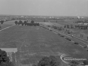 View from roof of Highview House, Hatch Grove, Chadwell Heath looking east across farmland towards Romford [green belt], 1967