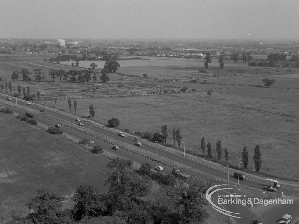View from roof of Highview House, Hatch Grove, Chadwell Heath looking south-east from junction of Eastern Avenue and Moby Dick roundabout to open country beyond, 1967