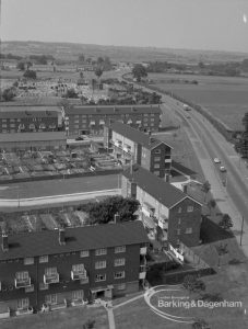 View from roof of Highview House, Hatch Grove, Chadwell Heath looking north along Whalebone Lane North, with Marks Gate estate on left, 1967