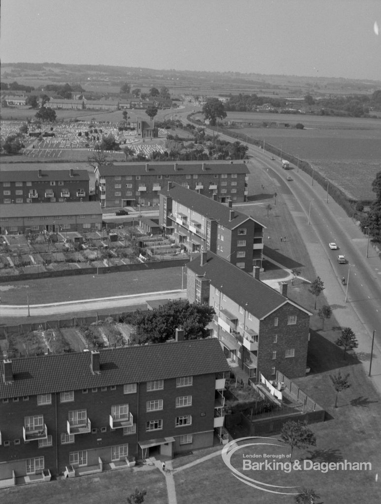 View from roof of Highview House, Hatch Grove, Chadwell Heath looking north along Whalebone Lane North, with Marks Gate estate on left, 1967