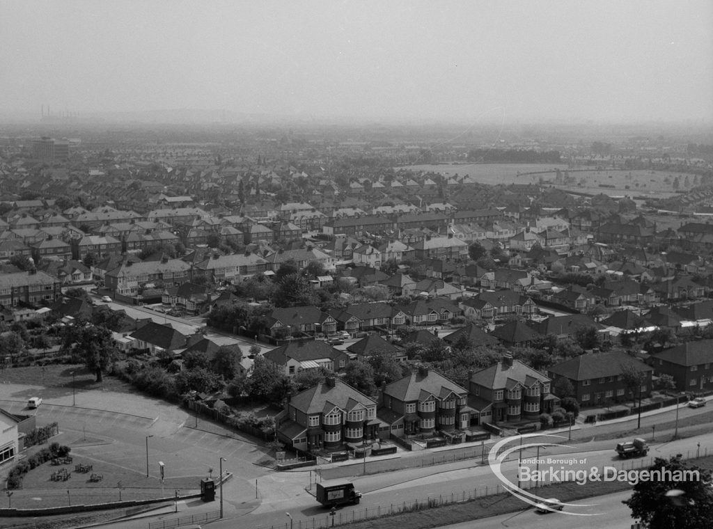 View from roof of Highview House, Hatch Grove, Chadwell Heath looking south-west towards Chadwell Heath, from Melbourne Gardens to High Road, 1967